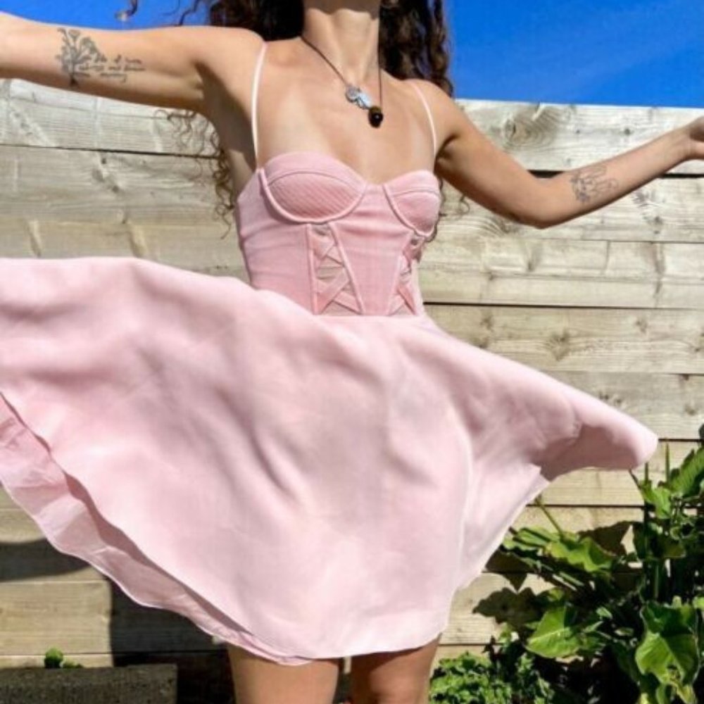 Baby Pink Corset With Mesh Detailing Versace Jeans Couture Floaty Summer Dress